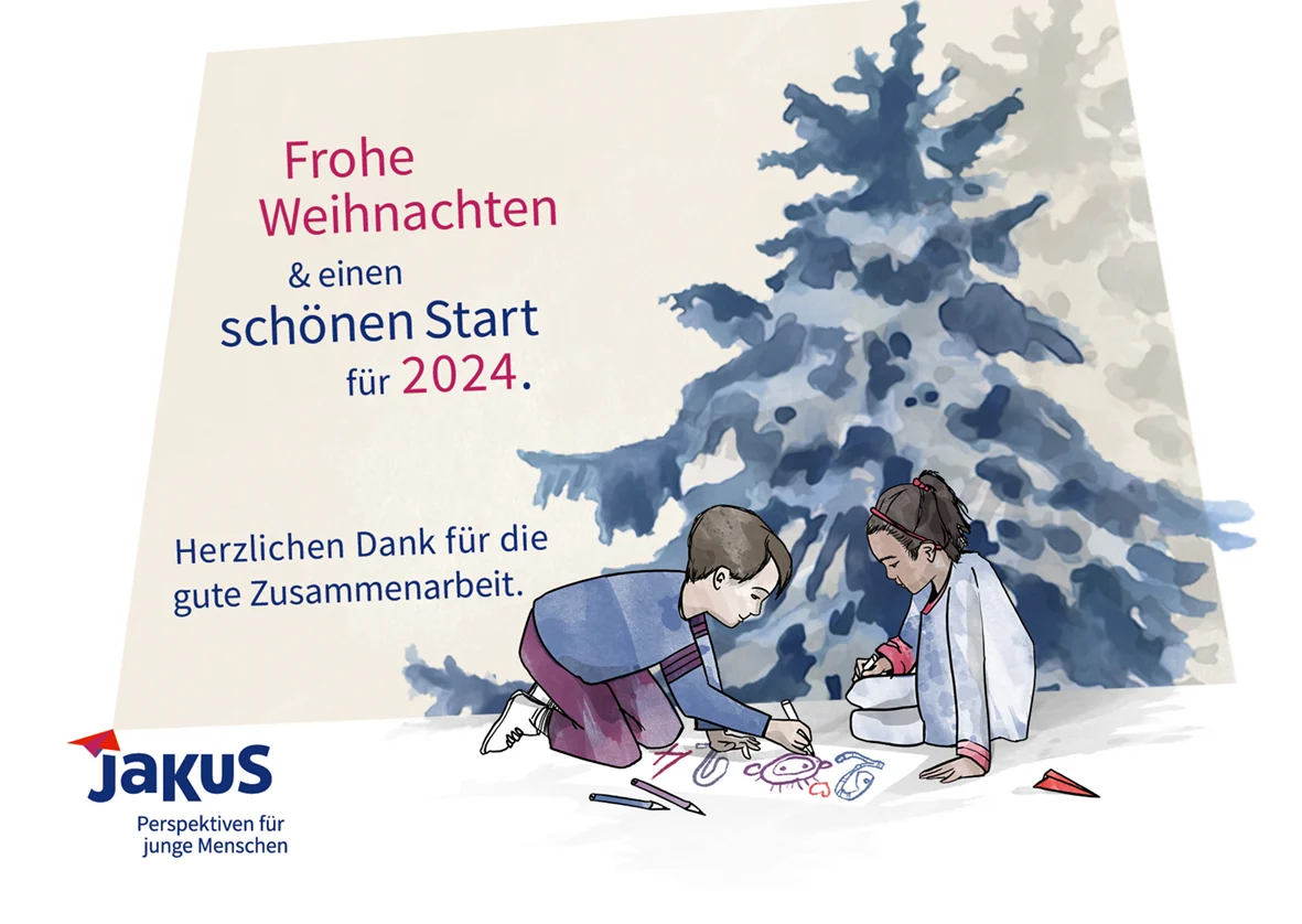 Zeichnung von einem Tannenbaum und zwei Kindern. Die Kinder sitzen vor der Tanne und malen gemeinsam ein Bild.
