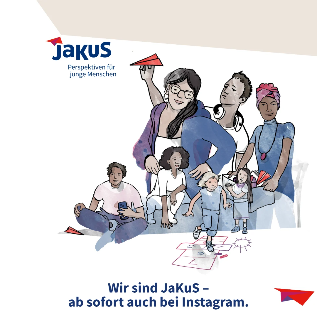 Illustration unterschiedlicher Charaktere bei JaKuS - darunter sind sowohl Betreuer*innen als auch Kinder und Jugendliche. Unter der Illustratione steht: Wir sind JaKuS - ab sofort auch bei Instagram.