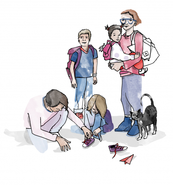 Dieses Bild zeigt nur ein mögliches Familienmodell: drei Kinder unterschiedlichen Alters leben gemeinsam mit einem Mann und einer Frau.