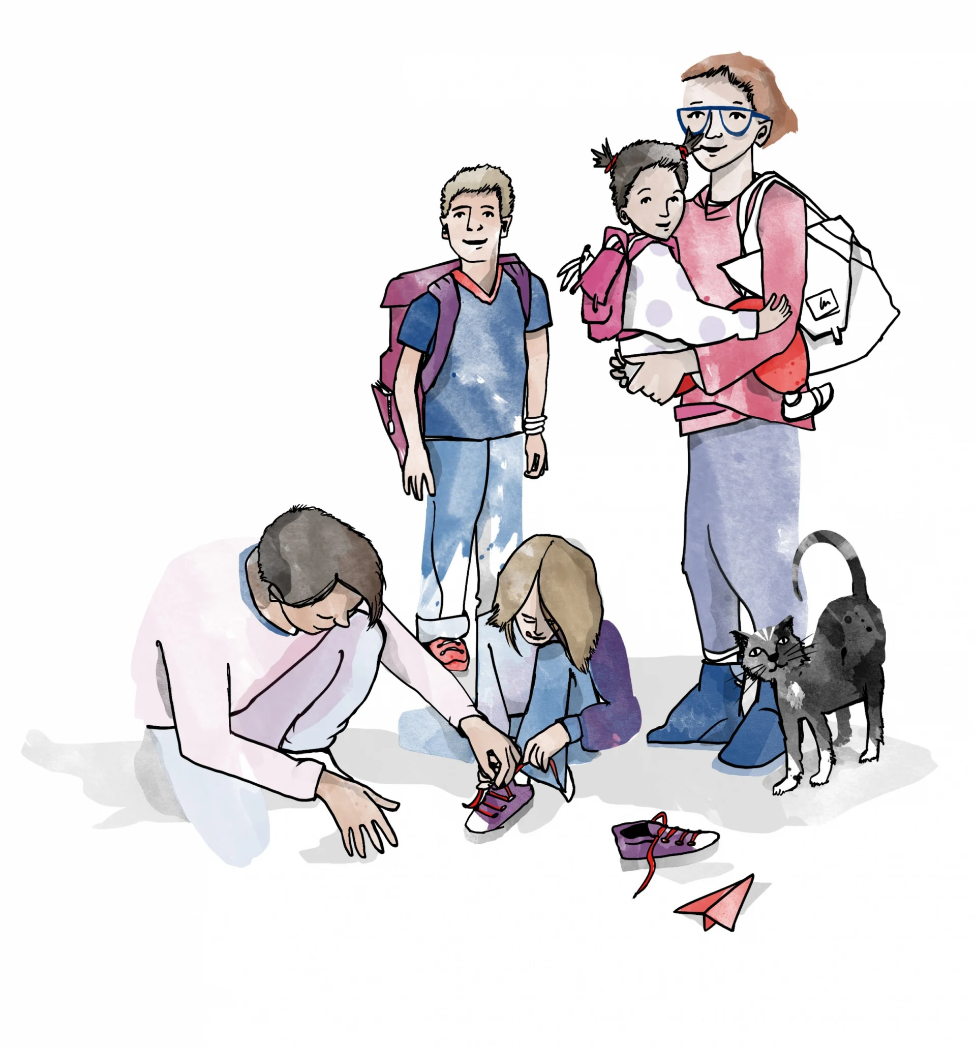 Zeichnung einer Familie mit drei Kindern und zwei Pädagog*innen. An das Bein der Betreuerin schmiegt sich eine Katze. Der Betreuer hilft einem Kind beim Schuhezubinden.