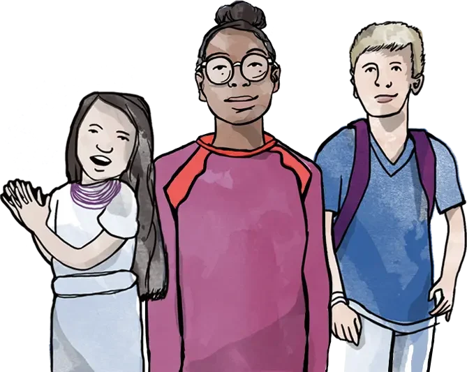 gezeichnetes Portrait von drei Kindern. Ein kleines Mädchen klatscht in die Hände. Ein älteres Mädchen in der Mitte trägt Brille und lächelt den Betrachter an. Rechts außen ist ein blonder Junge mit Rucksack, der ebenfalls lächelt.