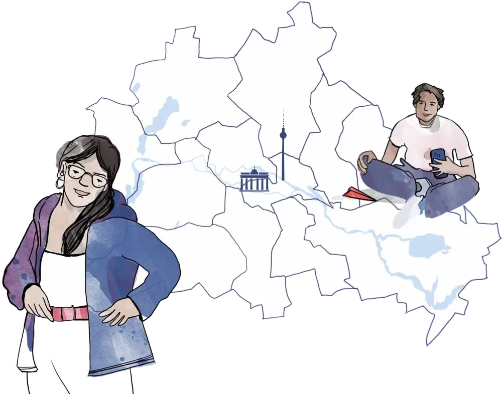 Zeichnung eines Jugendlichen und einer Mitarbeiterin in der Jugendhilfe vor einer Berlin-Karte.