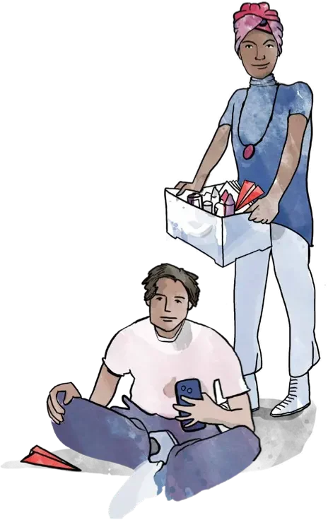 Jugendhilfe-Jobs und Praktika: Illustration eines Jugendlichenaus dem betreuten Jugendwohnen. Er sitzt im Schneidersitz neben einem roten Papierflieger und hält ein Smartphone in der Hand. Daneben steht eine Frau mit Turban und einer Materialkiste. Sie könnte eine Mitarbeiterin aus einer Wohngruppe für jüngere Kinder sein.