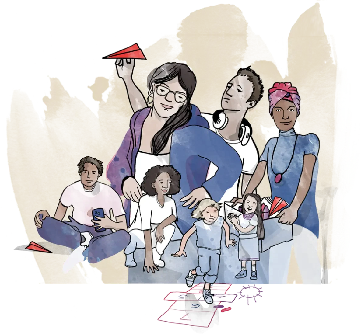 Illustration unserer Jugendhilfe-Gemeinschaft. Hier leben und arbeiten Kinder, Jugendliche und Pädagog*innen zusammen. Ein Junge in der Mitte trägt Kopfhörer um den Hals und wirft einen Papierflieger. Eine Frau trägt einen Turban und hält eine Bastelkiste in der Hand. Ein Kind spielt Hüpfekästchen. Weitere Personen sitzen und stehen in der Nähe