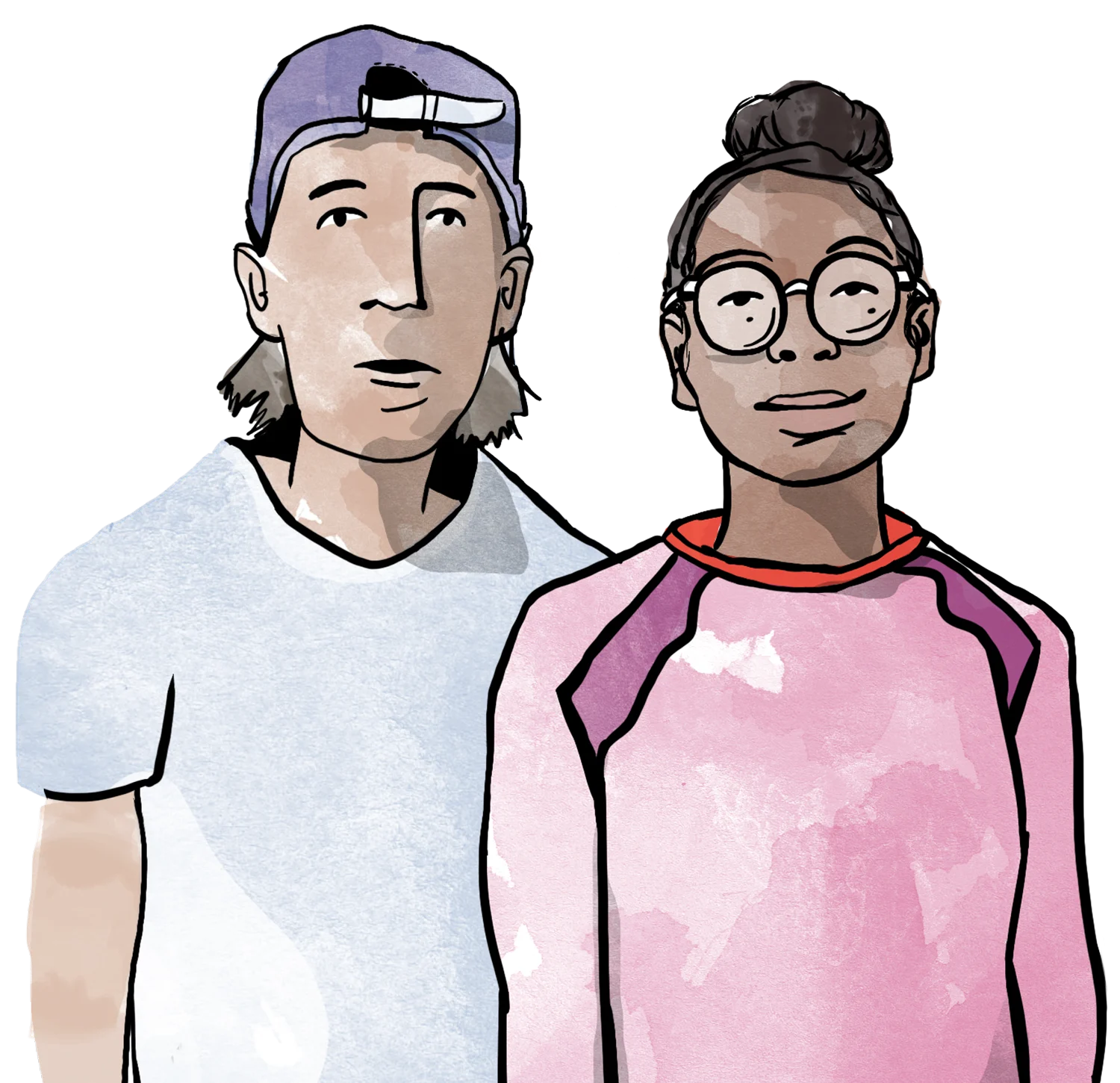 gezeichnetes Portrait von zwei Jugendlichen: einem Jugnen mit blauer Kappe und einem Mädchen mit Brille und rosa Pullover. Der offizielle Begriff für unsere Arbeit an Schulen ist "Jugendsozialarbeit", kurz Schulsozialarbeit.