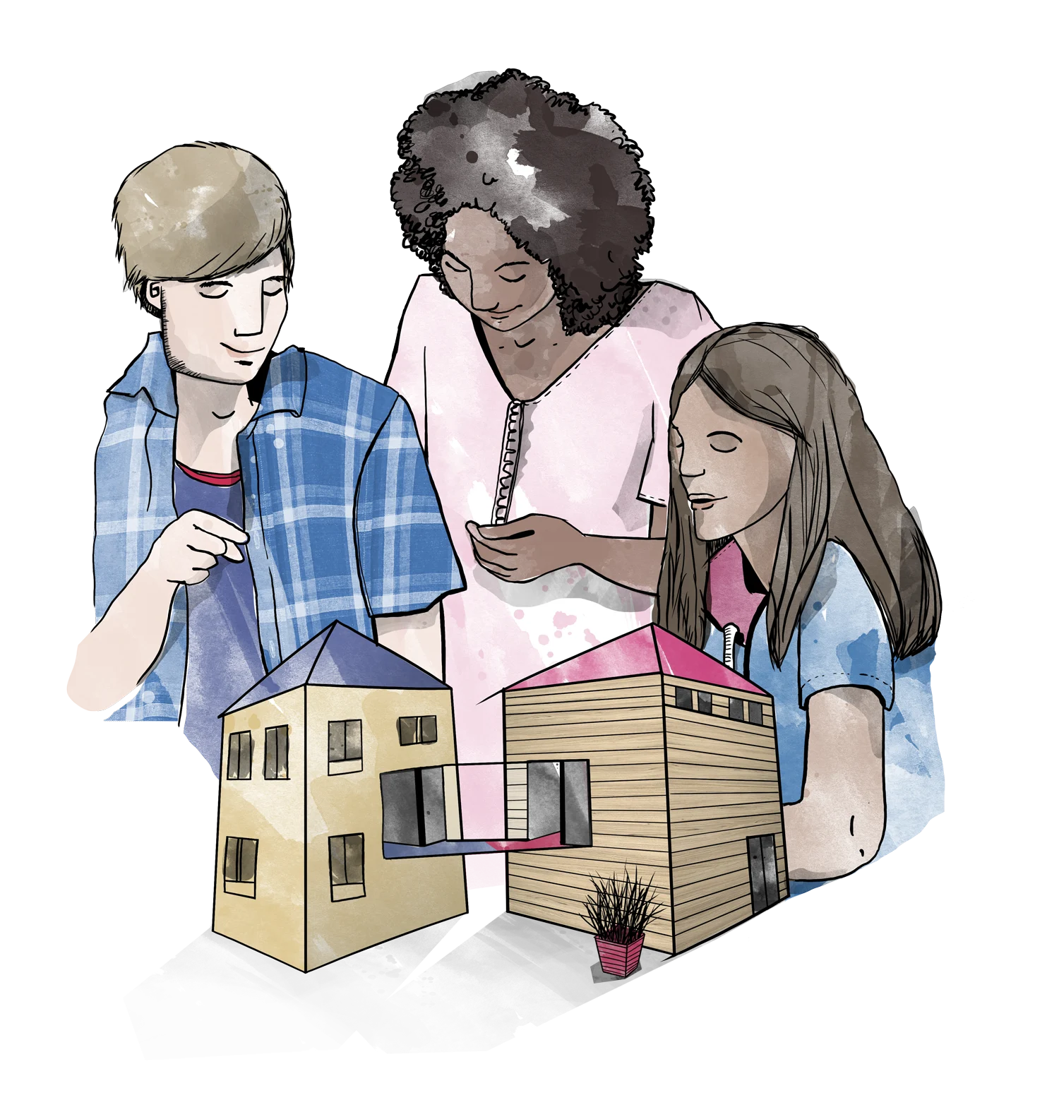 Illustration von einer Frau und zwei Jugendlichen. Alle drei betrachten gemeinsam zwei Häuser, die durch eine Brücke verbunden sind. Die Häuser stehen wie Modelle im Bildvordergrund.