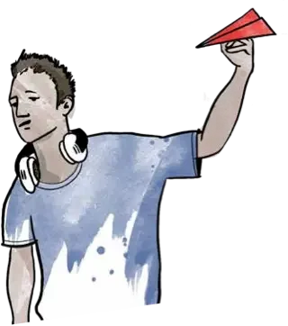 Zeichnung eines lächelnden Jungen mit einem roten Papierflieger in der Hand. Um seinen Hals trägt er Kopfhörer. Illustration zu unseren Angeboten Betreutes Jugendwohnen und Schulsozialarbeit