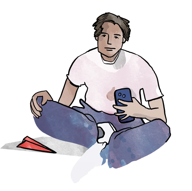 Zeichnung von einem Jungen im Schneidersitz. Er hat ein Smartphone in der Hand und trägt Jeans und T-Shirt. Neben ihm liegt ein roter Papierflieger.