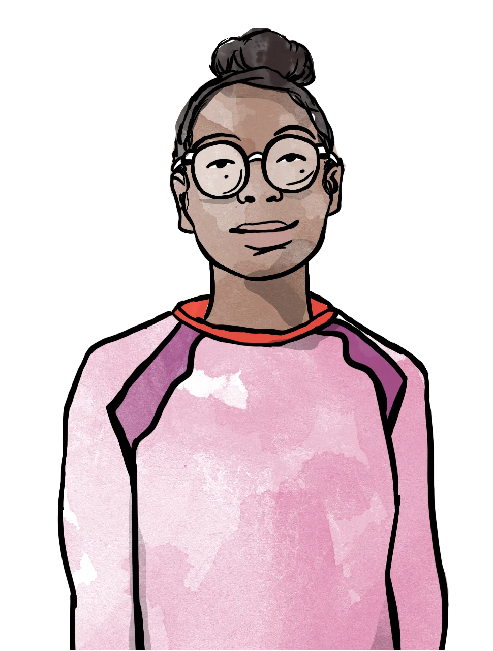 gezeichnetes Portrait von einem Mädchen im rosafarbenem Pullover, dunklen Haaren und Brille