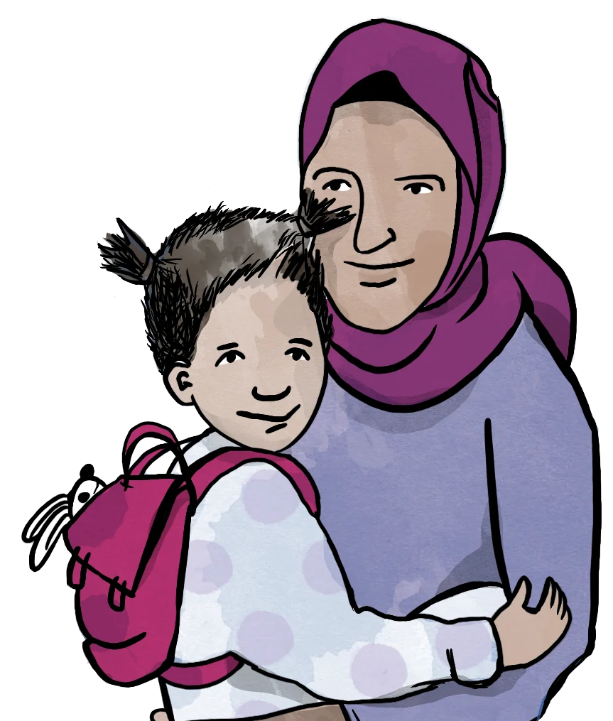 gezeichnetes Portrait von einer Frau, die ein kleines Mädchen auf dem Arm hält. Die Frau trägt ein violettes Kopftuch. Das Mädchen hat einen Rucksack und Zöpfe.