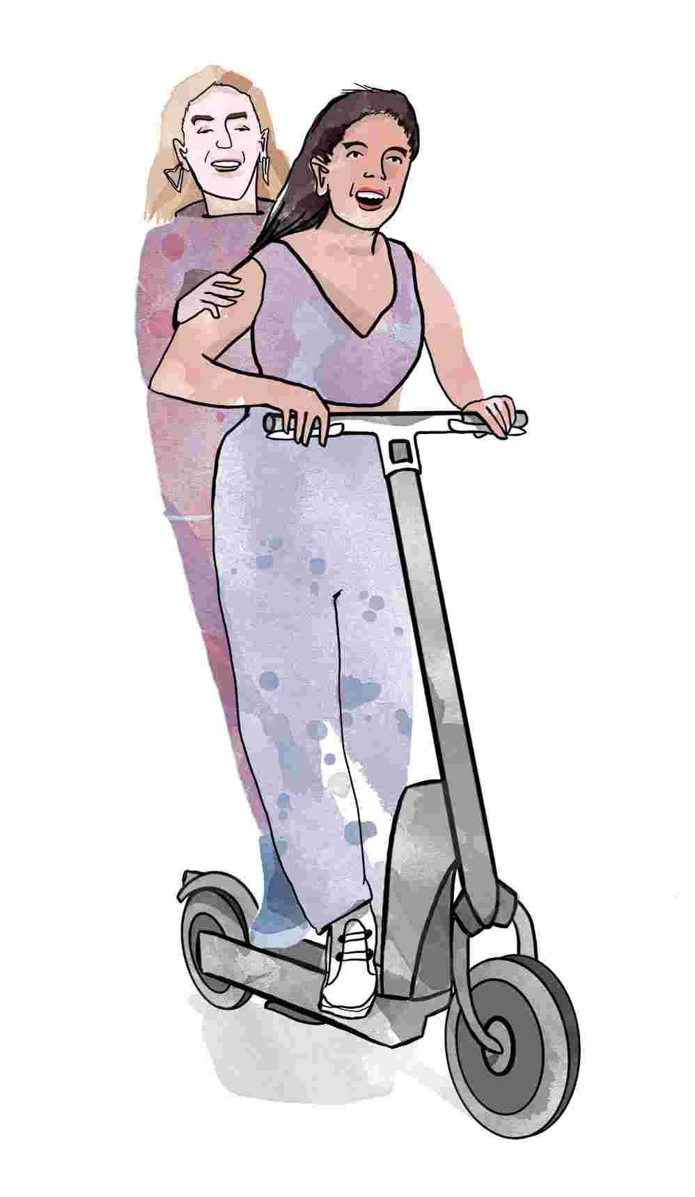 Barrierfreiheit ist ein Prozess. Ziel ist es, dass möglichst viele Menschen mitgenommen werden. Illustration von zwei Mädchen, die zu zweit Roller fahren und dabei laut lachen.