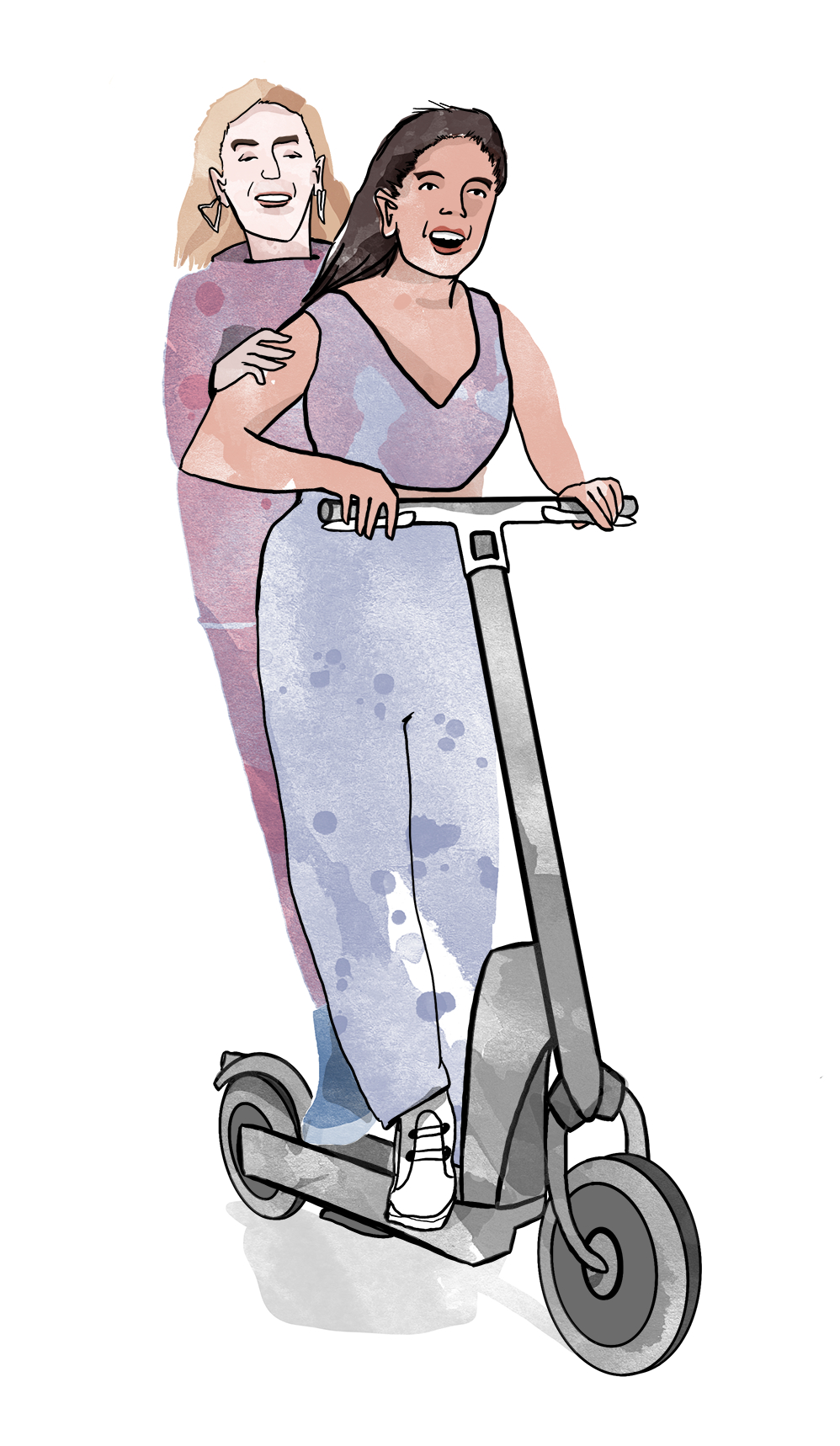 Illustration von zwei jugendlichen Mädchen, die zu zweit auf einem Roller fahren und laut lachen - Barrierefreiheit hat das Ziel, möglichst viele Menschen mitzunehmen.