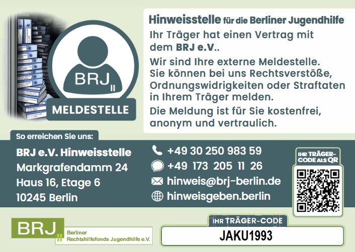 Infokarte Rückseite mit Kontaktdaten der BRJ-Meldestelle und QR-Code.